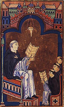 Miniature of Hugh of Saint Victor teaching the young canons of Richard's abbey Hugostv.jpg