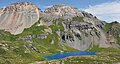 South aspect centered behind ridge and Ice Lake "V 4" (13,540 ft) to the left