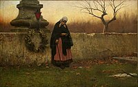 All Souls' Day, J Schikaneder 1888. This oil painting shows an elderly woman praying after placing a wreath upon the tombstone of her loved one. Jakub Schikaneder - All Souls' Day.jpg