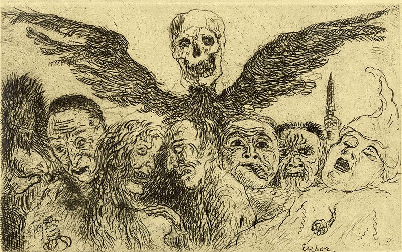 File:James Ensor, Death Dominating the Deadly Sins (1904) etching, 9 x 14 cm., Royal Library of Belgium, Brussels.jpg