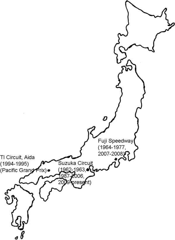 A map of all the locations of the Grands Prix held in Japan