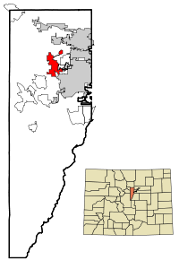 Jefferson County Colorado Incorporated and Unincorporated areas Golden Highlighted.svg