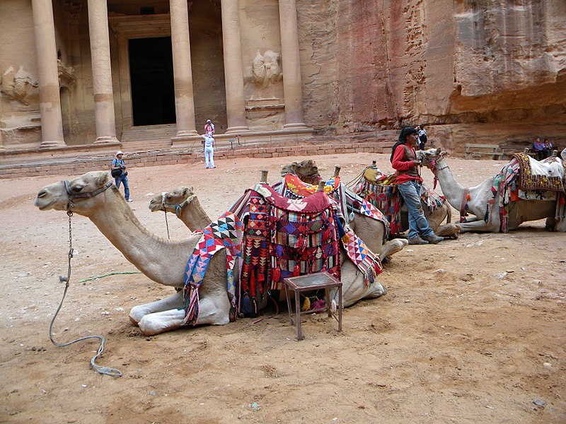 File:Jordan, Petra. Khaznat el- Faroun or Pharaoh's Treasury (Monument, camels and native people).jpg