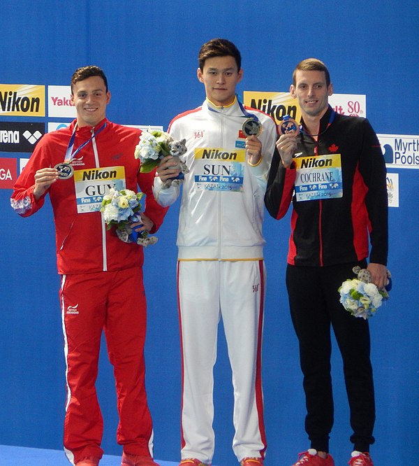 Sun, James Guy, and Ryan Cochrane at the 400 metre freestyle victory ceremony at the 2015 World Championships