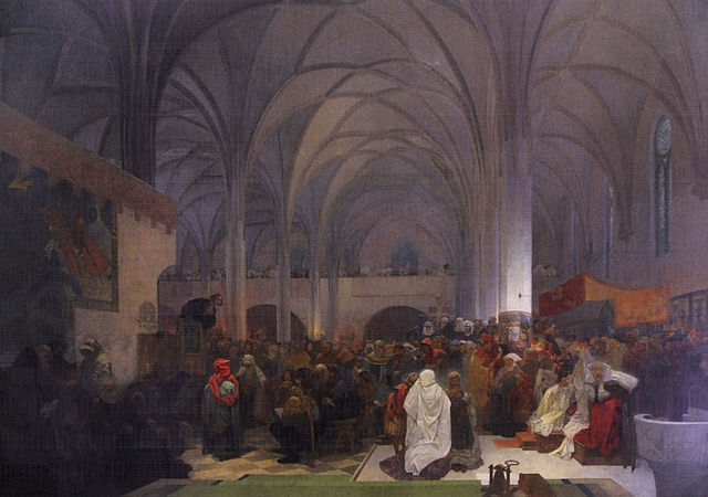 Mucha's The Slav Epic cycle No.8: Master Jan Hus Preaching at the Bethlehem Chapel: Truth Prevails (1916)
