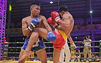 A knee strike in pradal serey match in Cambodia. Kneestrike kun khmer.jpg