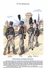 Schlesisches Schützen-Bataillon, um 1810. Kollett des Offiziers (2. v. r.) langschößig, sonst kurzschößig