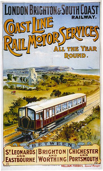 A poster for a London, Brighton and South Coast Railway railmotor service