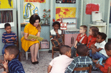 First Lady Lady Bird Johnson visits a Head Start class in 1966 Lady Bird Johnson Visiting a Classroom for Project Head Start 1966.gif
