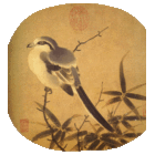 A square painting with irregularly sloped curved corners depicting a puffy bird with a blue-grey back and white underbelly perching on top of a bamboo branch.