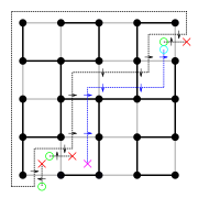 A non-closed surface, shown in blue, is the linear superposition of basis non-closed surfaces and a closed surface. Observe how the blue arrows on the edges are the sum of the black arrows (opposites cancel out).