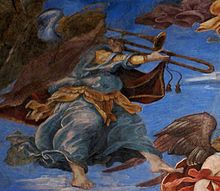 Sackbut in a fresco by Filippino Lippi in Rome, The Assumption of the Virgin, dating from 1488 to 1493. This is the earliest clear evidence of a double-slide instrument. Lippi-trombone-detail.jpg