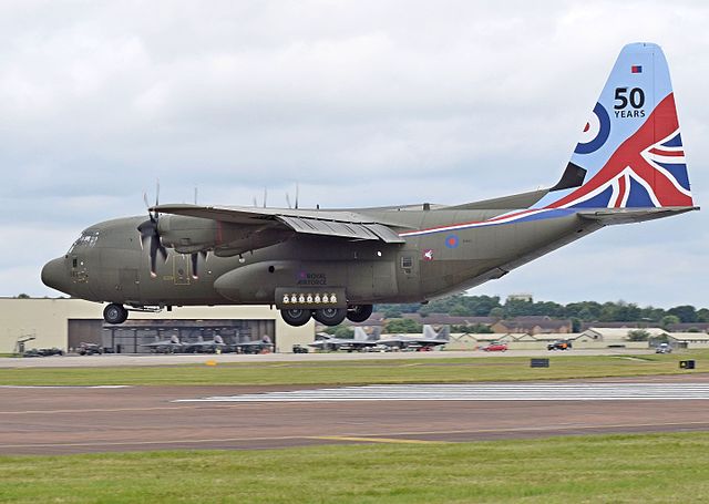 A Hercules C5 (C-130J) of the Royal Air Force arrives at the 2016 Royal International Air Tattoo (RIAT) in England.