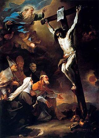 <i>The Patron Saints of Naples Adoring Christ on the Cross</i> Painting by Luca Giordano