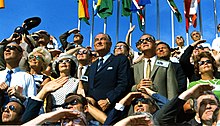 Former President Lyndon B. Johnson (center left) and Vice President Spiro Agnew (center right) witness the liftoff of Apollo 11. Lyndon Johnson and Spiro Agnew watch the Apollo 11 liftoff.jpg