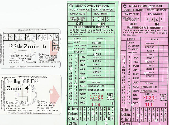 Commuter Rail tickets in the form of CharlieTickets purchased at fare vending machines and ticket booths (left) and paper tickets purchased on-board (