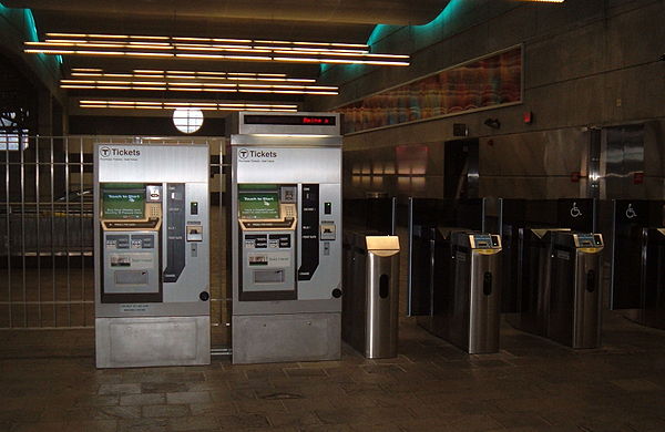 Ticket machines and fare gates at the World Trade Center station on the Silver Line.