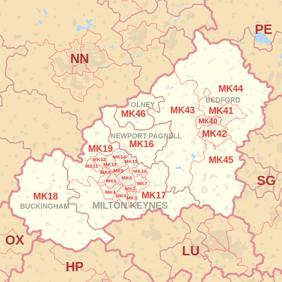 MK postcode area map, showing postcode districts, post towns and neighbouring postcode areas.