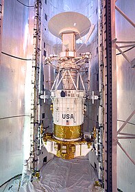 Magellan being fixed into position inside the payload bay of Atlantis prior to launch