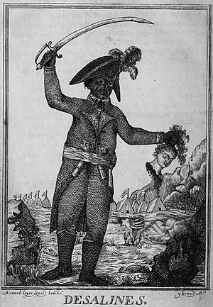 The possibility of a slave revolt in the mold of the Haitian one was a constant fear in the minds of the 19th century ruling elites of the Americas Manuel Lopez Lopez Iodibo - Desalines - Huyes del valor frances, pero matando blancos.jpg