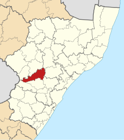 Kaart van Suid-Afrika wat Mpofana in KwaZulu-Natal aandui