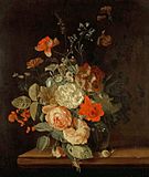 A Vase of Flowers label QS:Len,"A Vase of Flowers" label QS:Lpl,"Wazon kwiatów" label QS:Lnl,"Vaas met bloemen" 1667-1689. oil on canvas medium QS:P186,Q296955;P186,Q12321255,P518,Q861259 . 62.8 × 53.3 cm (24.7 × 20.9 in). Cambridge, Fitzwilliam Museum.