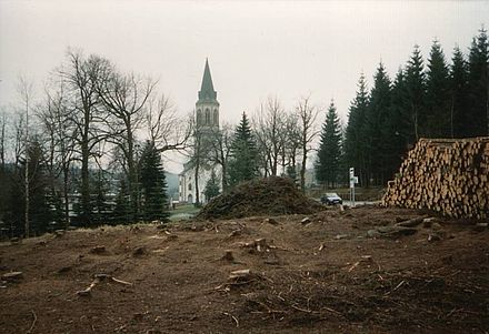 Parts of the Old Town of Johanngeorgenstadt had to be demolished and afforested in 1953 due to subsidence MarktplatzJGStadt.jpg