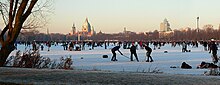 Ice hockey on the frozen Masch Lake. Maschseeeis Panorama.jpg