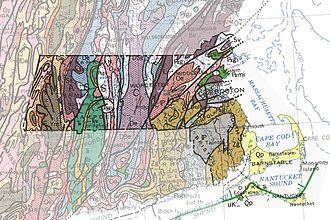 A geological map of the state, showing the north-south trend of the bedrock strata. Massachusetts geological map.jpg