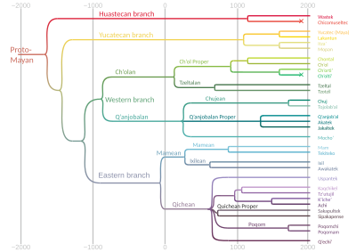 History and genealogy of the Mayan languages. Kaqchikel is part of the Quichean subfamily, colored lavender in this image.