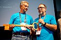 Mayor Pietro of Esino Lario hands the key to the city to Jimmy Wales at Wikimania 2016 Esino Lario (27772492042).jpg