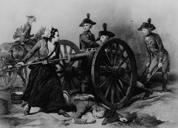 Molly Pitcher loading cannon at the Battle of Monmouth, June 28, 1778