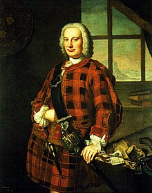 Painting of a curly-haired, portly, middle-aged man in a red-and-black tartan outfit, with sword belt over his shoulder