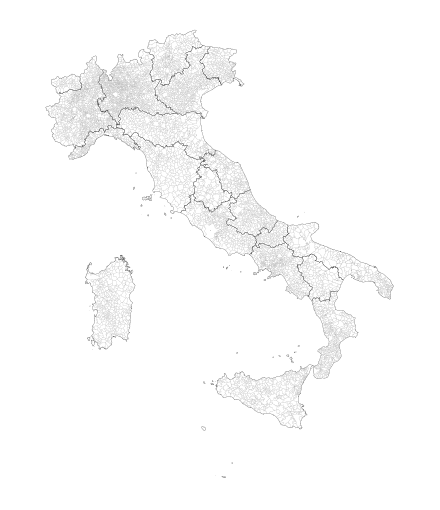 Comuni of Italy (gray borders), within Regions (black borders).