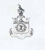 Coat of arms of Sir Thomas Munro, showing above the Munro Eagle an Indian hill fort and underneath it the name Badamy, a fort Sir Thomas captured in 1818. Munro of Linderits coat of arms.jpg