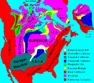 Geological map of North America showing cratons and basement rocks. The Midcontinent Rift is in white, here labeled Keweenawan Rift. Lake Superior occupies the apex of the rift; the section to its north marked "SUPERIOR" is the Superior Craton NA basement rocks.gif