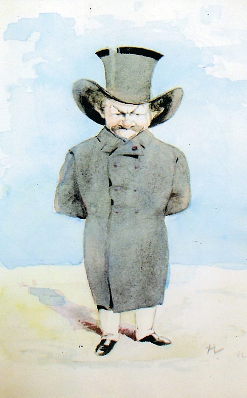 Nicolae Petrescu-Găină's caricature of C. I. Stăncescu, original watercolor