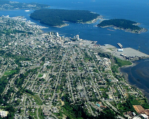 Aerial photo of downtown and central Nanaimo and adjacent islands