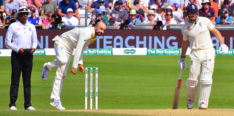 File:Nathan Lyon with Jonny Bairstow at the non-striker's end watching and umpire Joel Wilson also observing on day 4 of the 3rd Ashes Test between England and Australia at Headingley.jpg