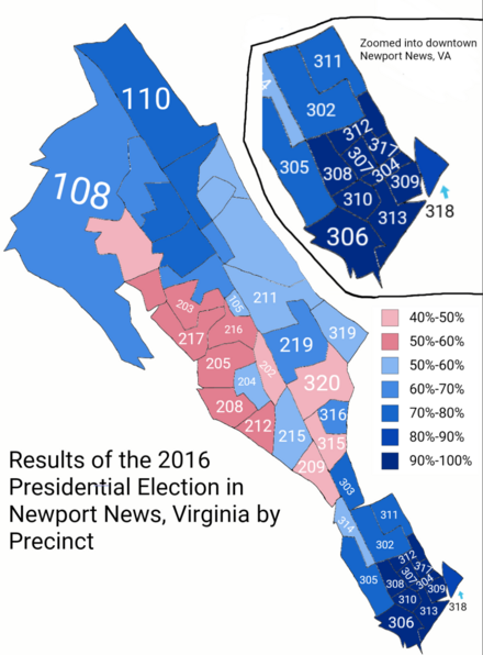 Map showing the results of the 2016 presidential election in Newport News, Virginia, by precinct