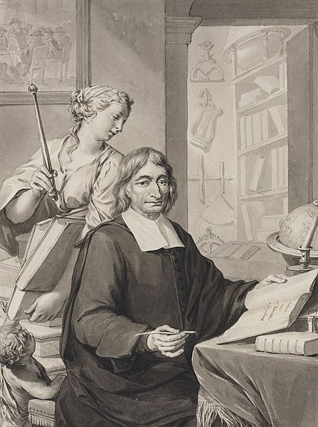 circa 1650-1675: Older, soberly-dressed dutch man in is his library with woman looking over his shoulder