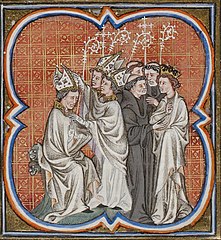 Wijding van Hugo, abt van Saint-Denis, in aanwezigheid van Filips II Augustus (Grandes Chroniques de France de Charles V, 14e eeuw).