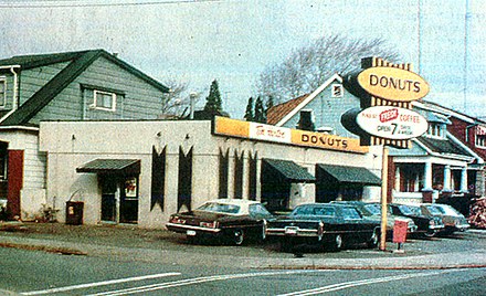 The first Tim Hortons doughnut location was opened in Hamilton, Ontario, in 1964.