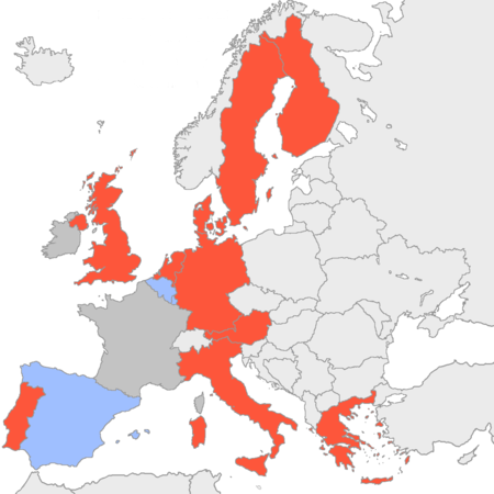 The member-states of the European Union by the European party affiliations of their leaders, as of 1 January 1999. Party affiliations in the European Council (Jan 1999).png