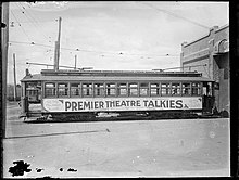 Perth tram at East Perth car barn, 1929. Perth tram Premier Theatre.jpg