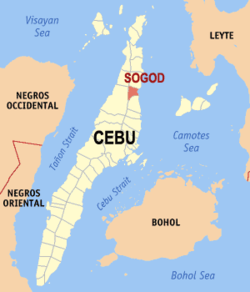 Mapa ng Cebu na nagpapakita sa lokasyon ng Sogod.