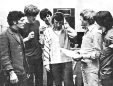 Phil Spector (center) at Gold Star Studios, where he developed his Wall of Sound methods, 1965 Phil Spector with MFQ 1965.png
