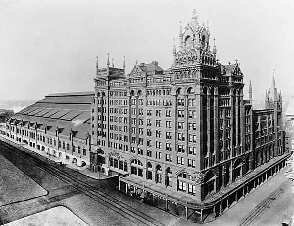 Broad Street Station (demolished 1953), NW corner of Broad and Market Streets, before 1901; Philadelphia architect Frank Furness greatly expanded the 