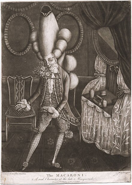 "The Macaroni. A real Character at the late Masquerade", mezzotint by Philip Dawe, 1773