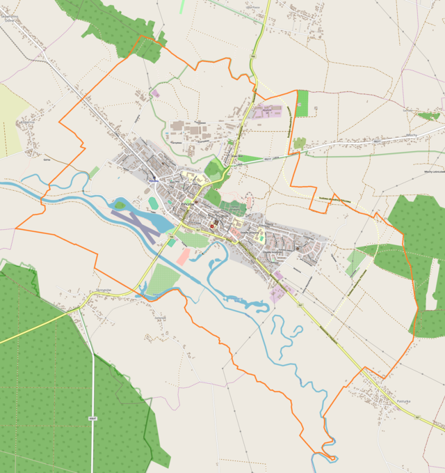 Mapa konturowa Pińczowa, w centrum znajduje się punkt z opisem „Kościół Nawiedzenia Najświętszej Maryi Panny w Pińczowie”